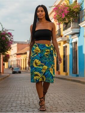 Tropical Blue & Yellow Palm Leaf Silk Tie-Waist Wrap Skirt